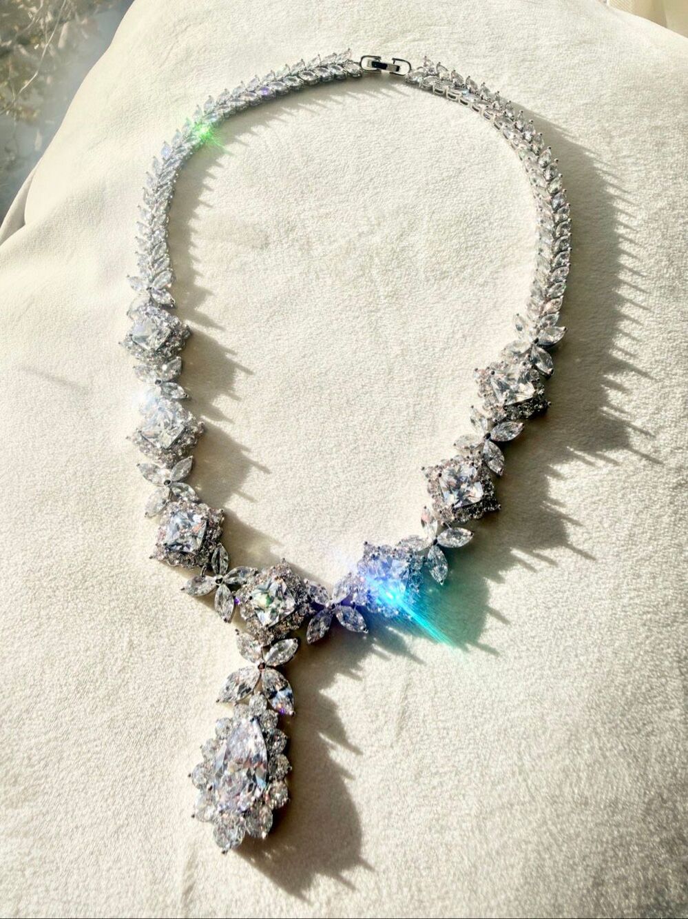 Cubic Zirconia Statement Necklace Pear Cut Floral Bridal Wedding Silver